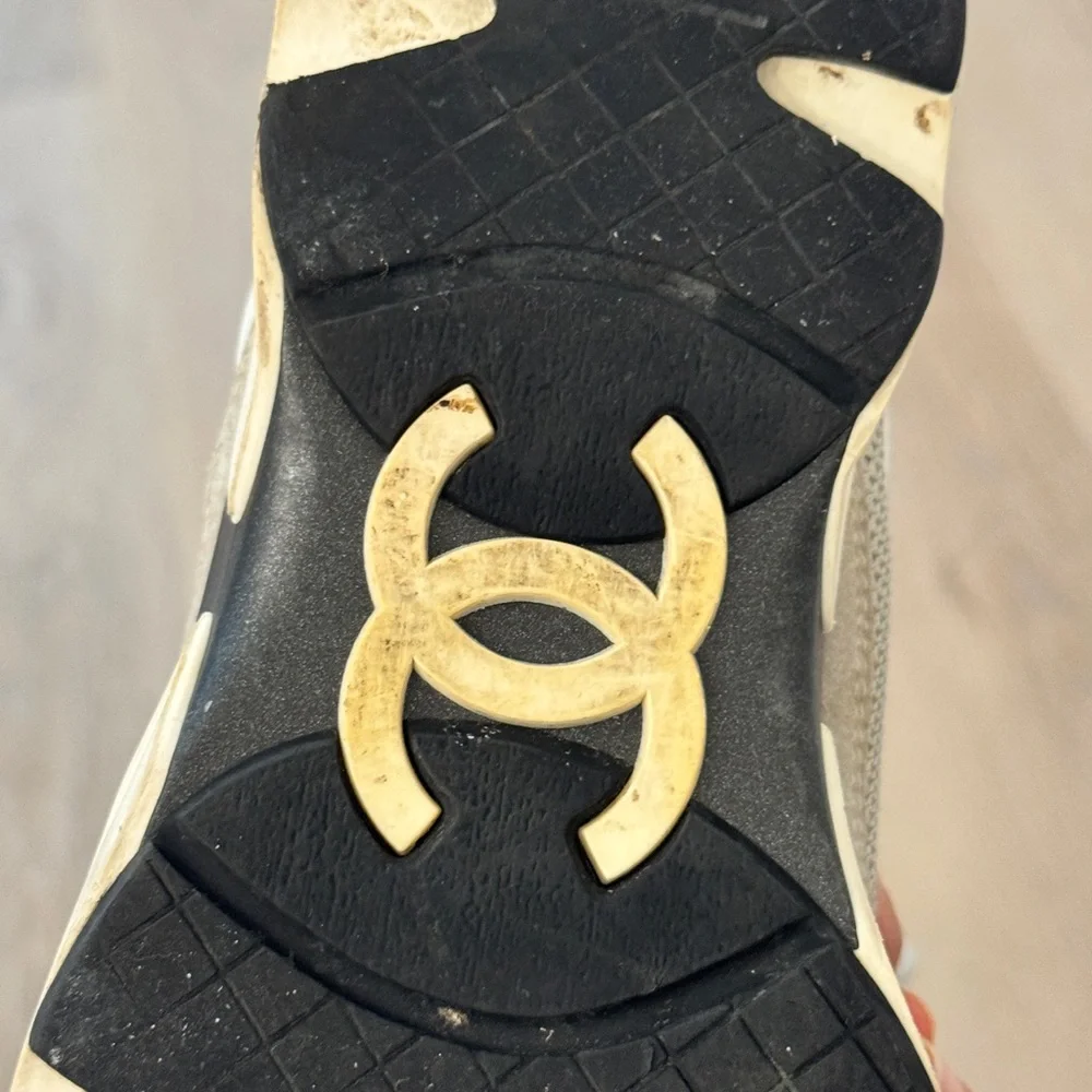 CHANEL Gray and White CC Logo Chunky Athletic Sneakers